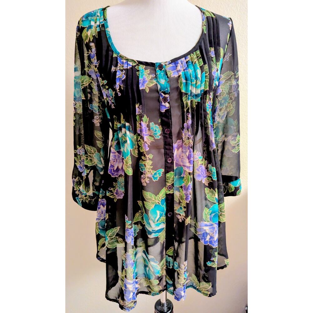 Sheer Floral Chiffon Tunic Button 3/4 Sleeve Black Blue Green Purple